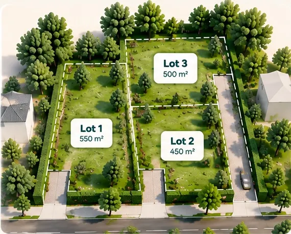 Vue aérienne d'un terrain nu en division mixte : trois lots de 550, 450 et 500 m² de tailles différentes, chacun avec son accès privatif