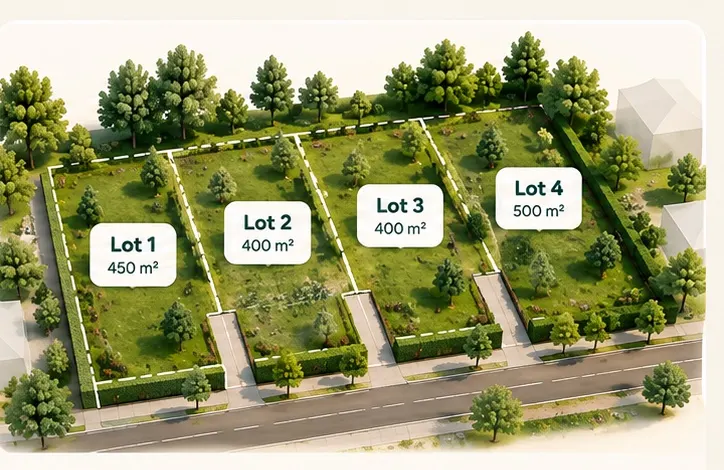 Vue aérienne d'un terrain nu divisé en quatre lots de 450 à 500 m²
