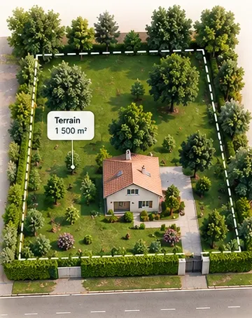 Vue aérienne d'une propriété de 1 500 m² avec maison existante, avant division